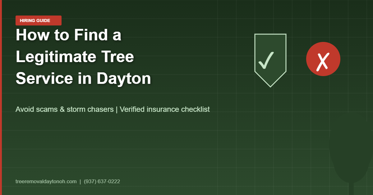 Hiring guide for Dayton Ohio homeowners comparing legitimate licensed insured tree service shown by green shield checkmark versus red circle X scam warning