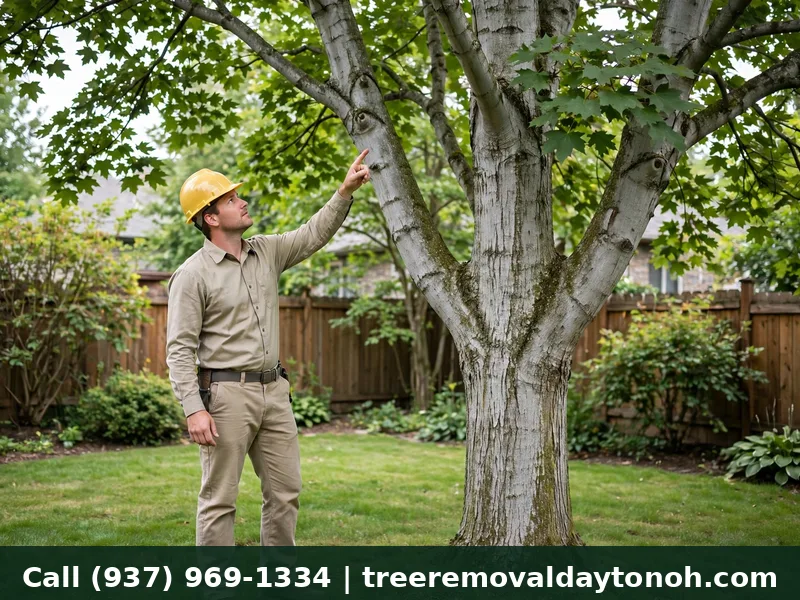 Arborist in hard hat assessing the trunk of a large silver maple tree in a Dayton Ohio yard