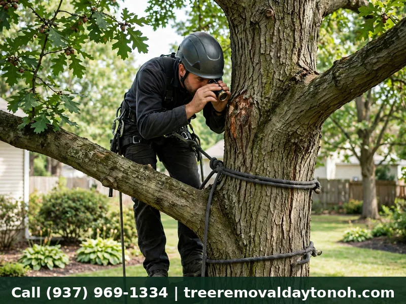 Certified arborist inspecting a tree canopy in Dayton Ohio