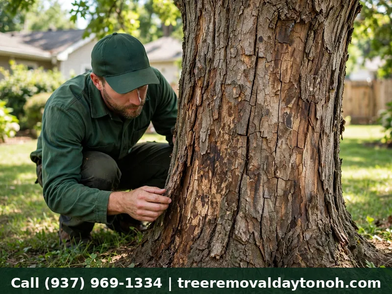 Arborist checking summer heat stress damage on a tree in Dayton Ohio