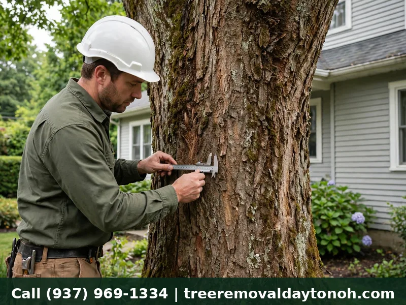 Arborist checking a tree near a house in Dayton Ohio before any permit paperwork