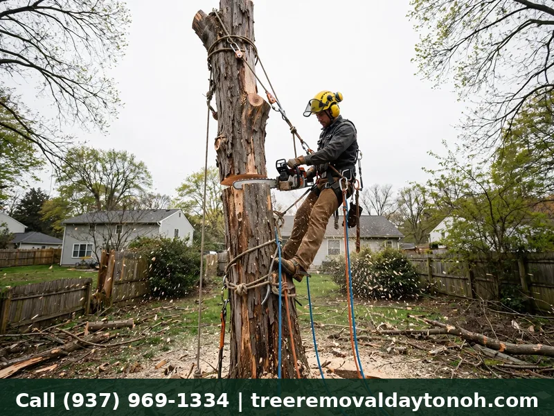 Arborist sectioning a dead tree trunk during dead tree removal in Dayton Ohio
