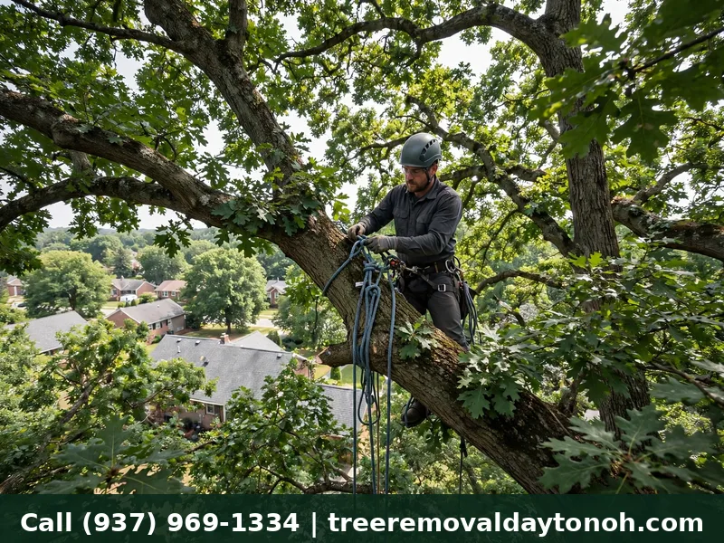 Arborist rigging a large limb high in an oak canopy in Oakwood Ohio