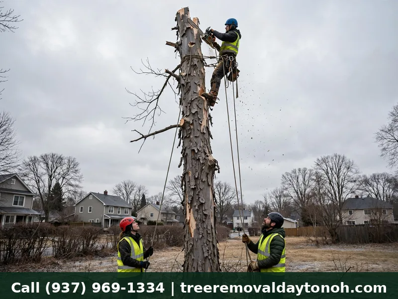 Dead ash tree affected by emerald ash borer being removed in Kettering Ohio by a climbing arborist