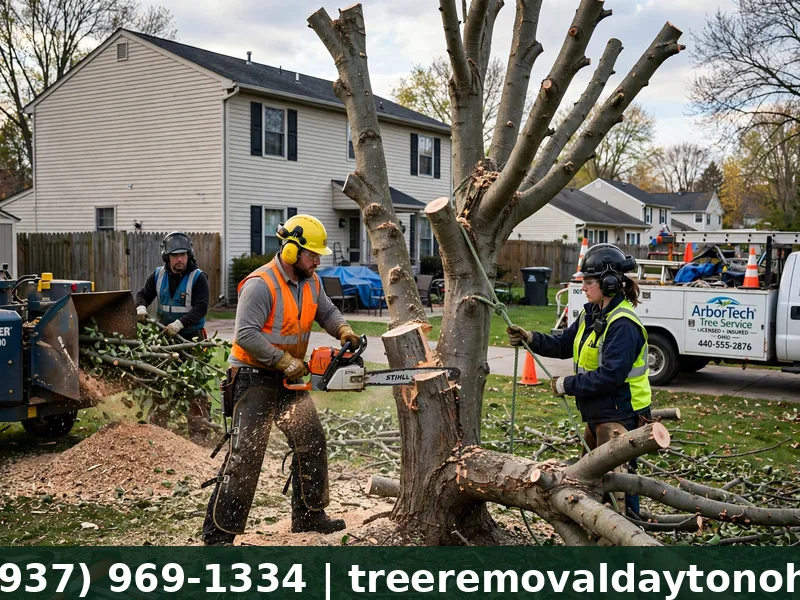 Professional crew removing a Bradford pear tree in Springboro Ohio with safety gear and chipper