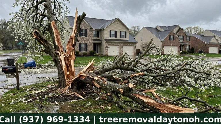 Bradford pear tree split in half after a storm in a Springboro Ohio front yard showing why mature Bradford pears fail