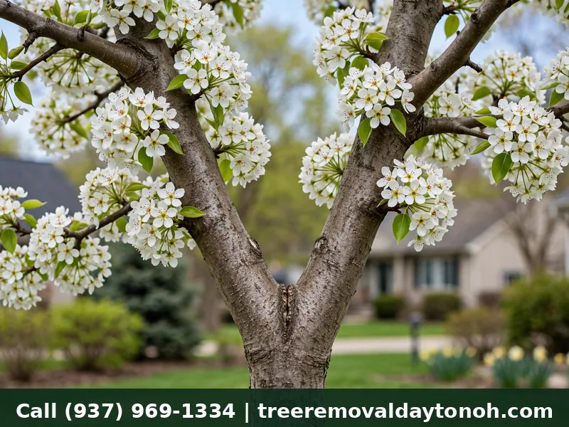 Bradford pear tree with weak V-shaped branch union in Centerville Ohio