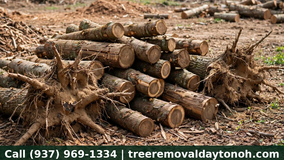 Stump removal on a cleared lot in Springboro Ohio with sorted logs