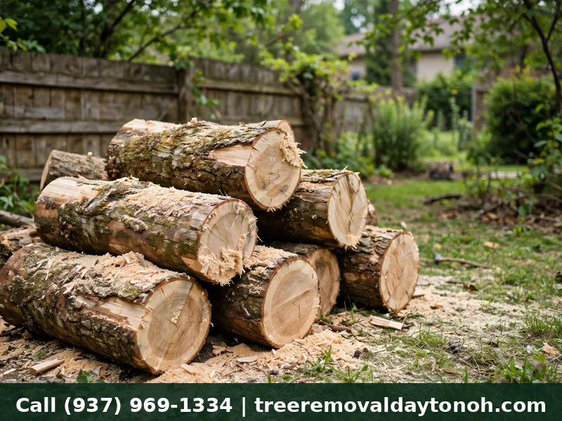 Freshly cut cottonwood logs stacked after removal in Dayton Ohio