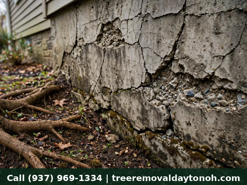 Cracked foundation wall caused by tree roots in Dayton Ohio
