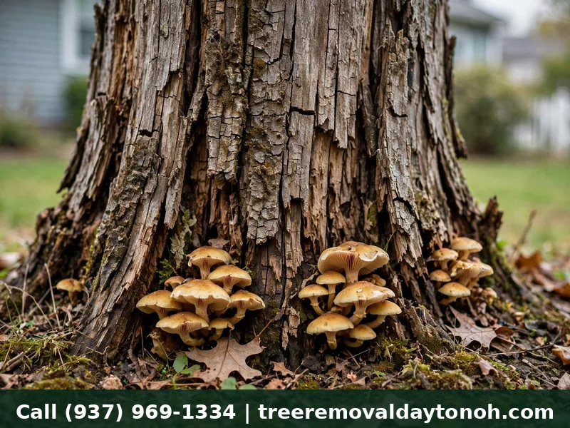 Cracked tree trunk with fungal growth at the base showing decay in a Dayton Ohio yard