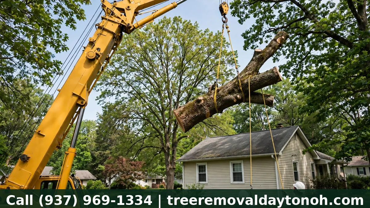 Crane lifting a cut tree section over an Oakwood Ohio home during a large-tree removal