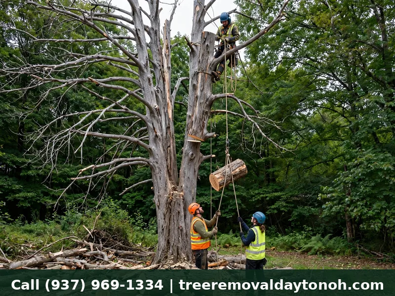 Dead ash tree affected by emerald ash borer being removed in Beavercreek Ohio with climbing crew