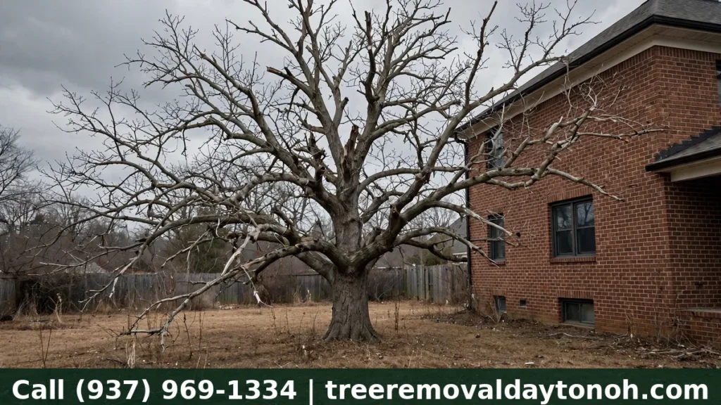 Dead oak tree without leaves standing in a Dayton Ohio backyard before dead tree removal