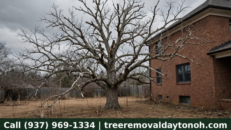 Dead oak tree without leaves standing in a Dayton Ohio backyard before dead tree removal