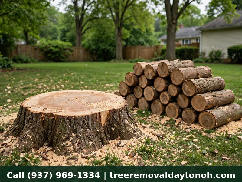 Fresh stump and cut logs after dead tree removal in a Dayton Ohio yard