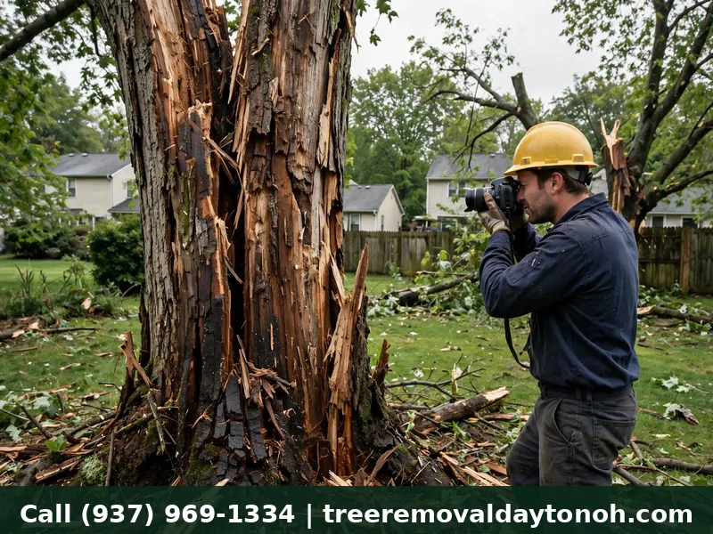 Arborist documenting storm tree damage in Dayton Ohio for a homeowner insurance claim