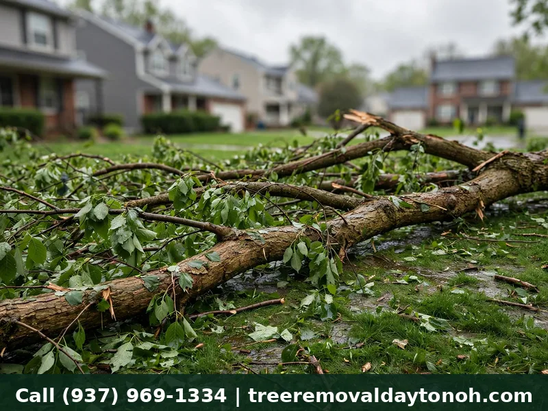 Fallen tree branch across a Huber Heights Ohio lawn after a storm