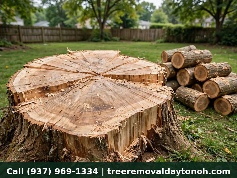 Fresh large tree stump with saw marks before stump grinding in a Dayton Ohio lawn