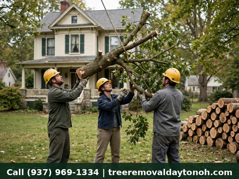 Ground crew receiving a rope-lowered limb during a crane tree removal in Oakwood Ohio