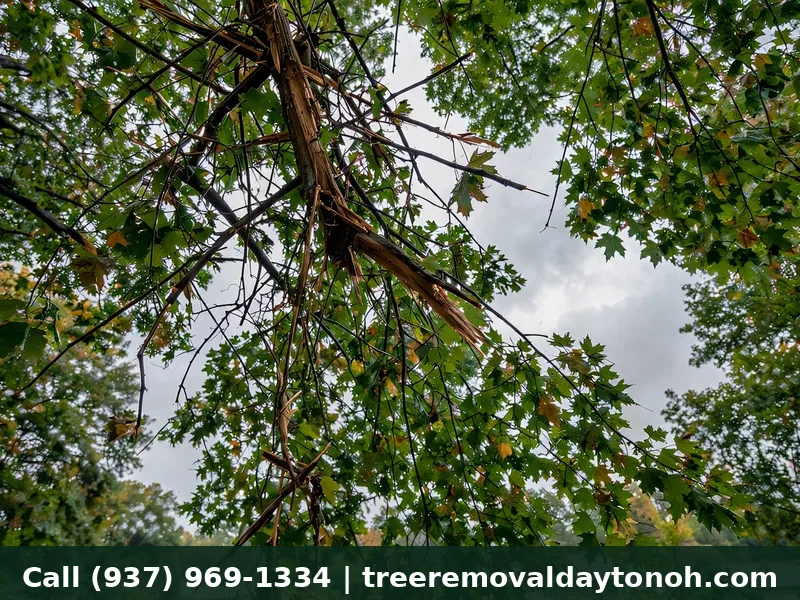 Hanging broken branch in a tree canopy after a Dayton storm