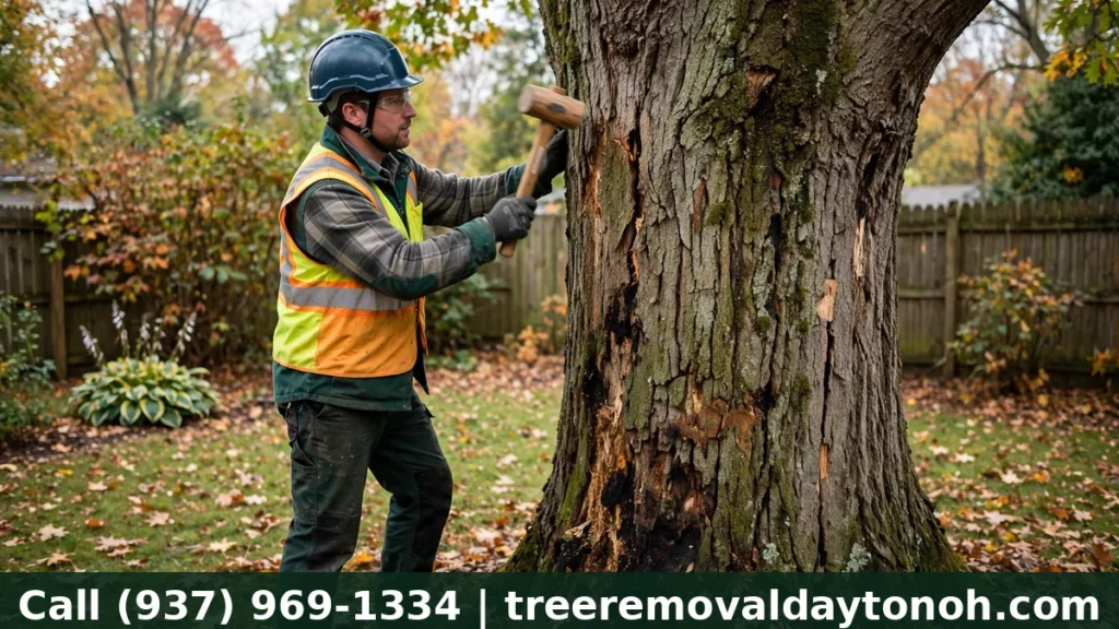 Arborist inspecting a tree trunk for decay during a hazard tree assessment in Dayton Ohio