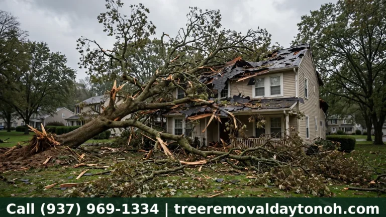 Storm damaged tree on a house roof in Dayton Ohio after a wind storm, the type of damage covered by an insurance claim for tree removal