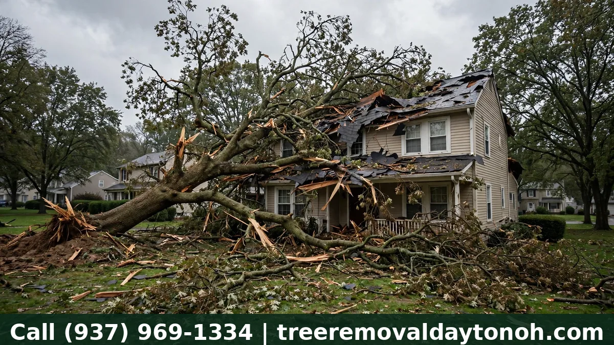 Storm damaged tree on a house roof in Dayton Ohio after a wind storm, the type of damage covered by an insurance claim for tree removal