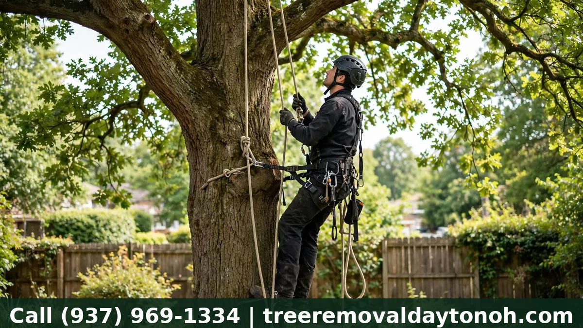 ISA certified arborist climbing a tree with ropes in Dayton Ohio