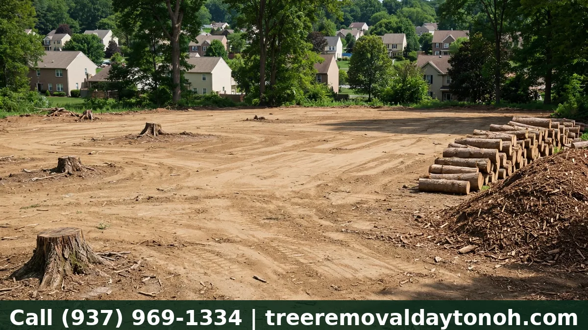 Cleared building lot in Dayton Ohio after land clearing with stumps and log piles at the edge