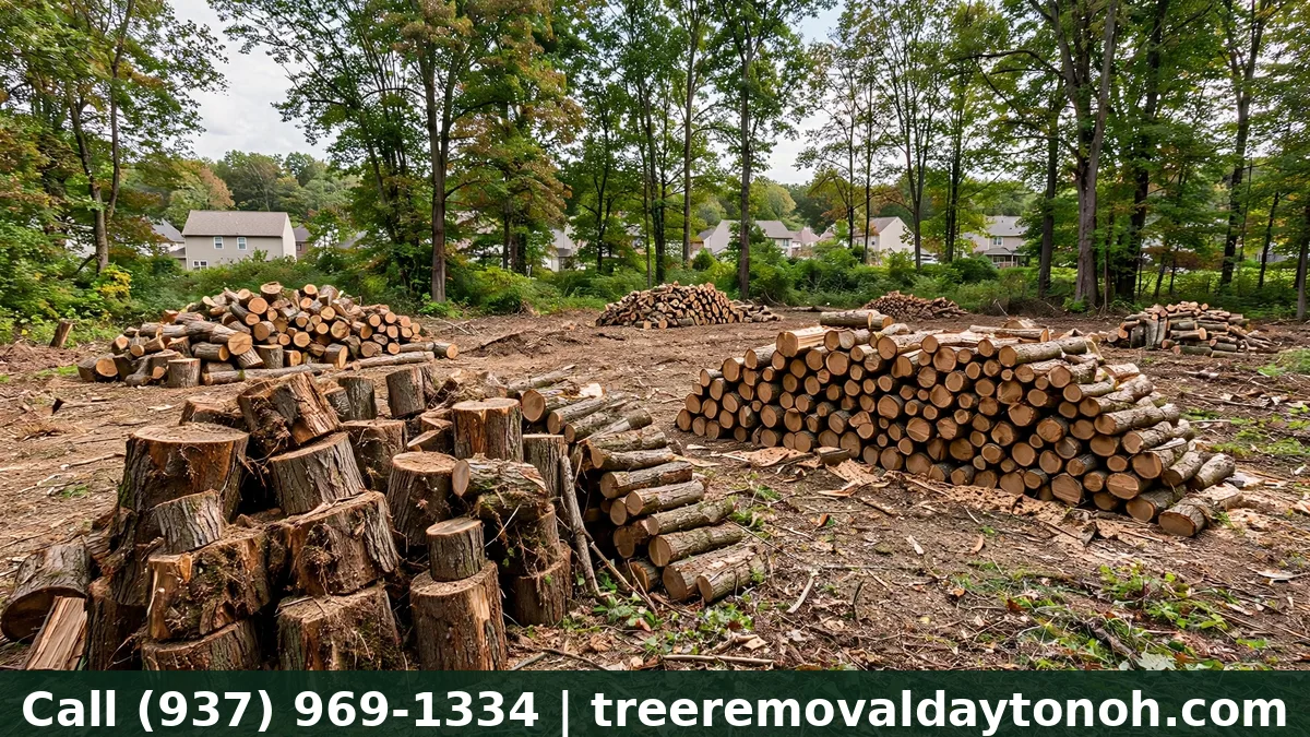 Partially cleared wooded lot in Springboro Ohio with stacked stumps and logs ready for hauling