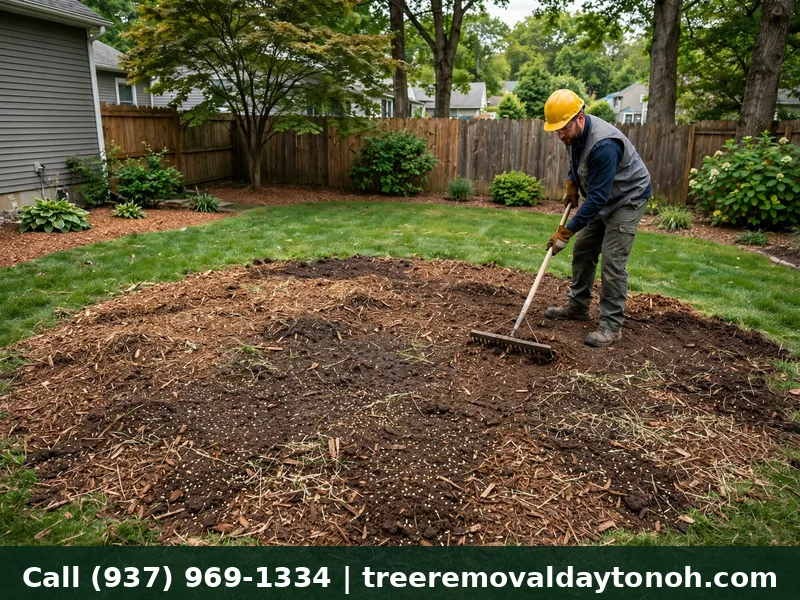 Dayton Ohio lawn after stump grinding with the stump area raked smooth and filled