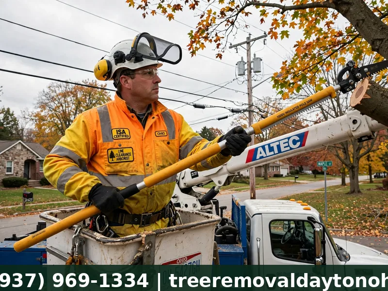 Certified line clearance arborist trimming a tree near power lines in Dayton Ohio