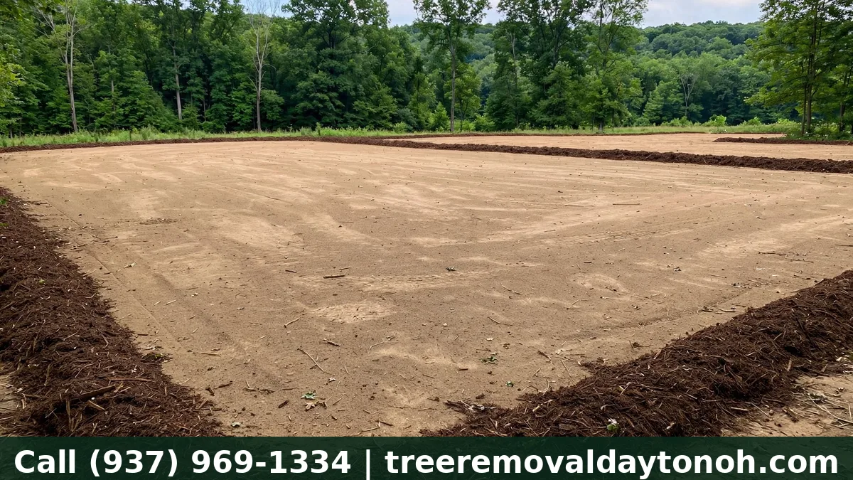 Cleared residential lot in Springboro Ohio with graded soil ready for building