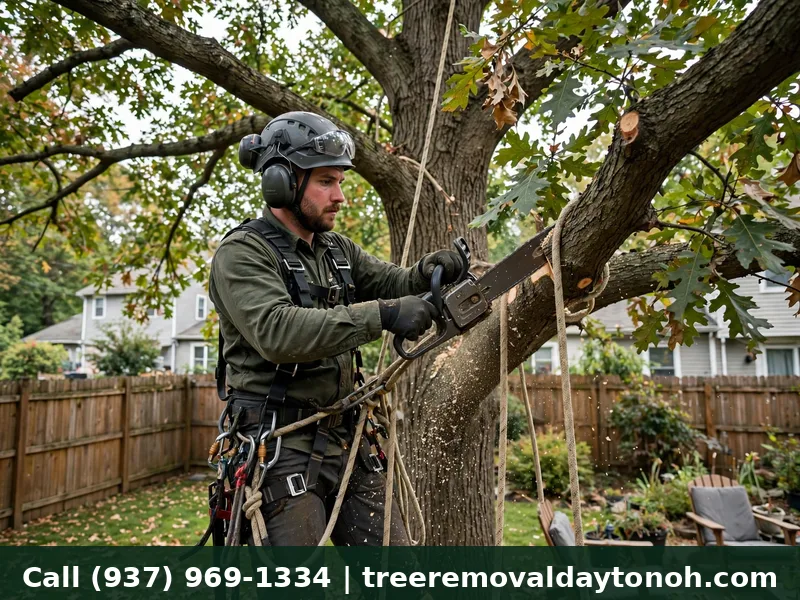 Arborist removing an oak tree infected with oak wilt in Dayton Ohio