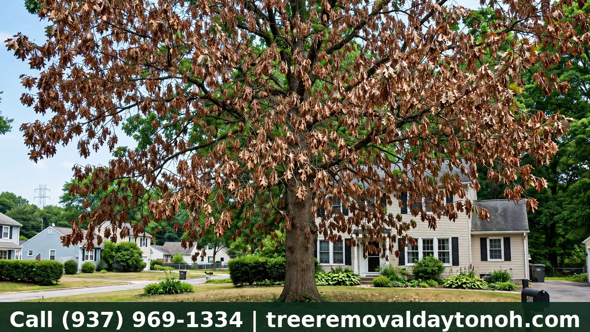 Oak tree showing oak wilt symptoms with wilting brown leaves in Dayton Ohio