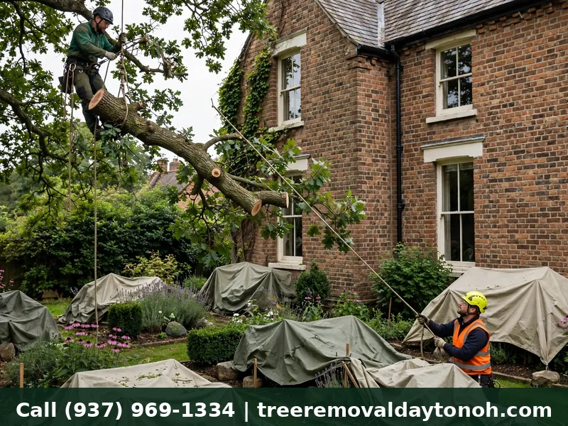 Arborist lowering a cut oak branch by rope over a protected garden at a historic Oakwood Ohio home