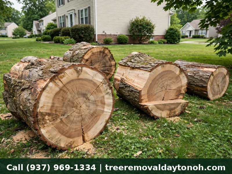 Sections of a felled trunk in an Oakwood Ohio yard after careful tree removal