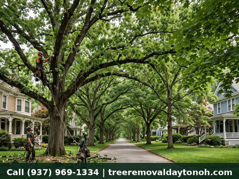 Tree lined street with historic homes and mature canopy trees in Oakwood Ohio during tree service work