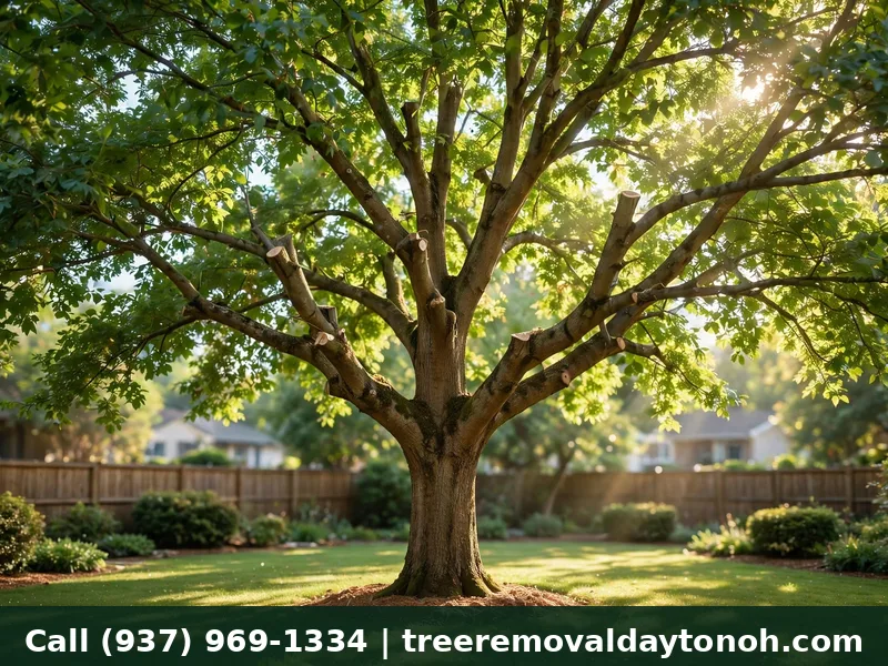Healthy tree with a well pruned open canopy in a tidy Dayton Ohio suburban yard