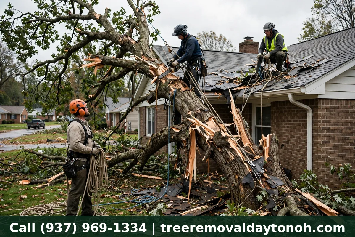 Tree removal crew taking down a storm damaged oak tree in Kettering Ohio