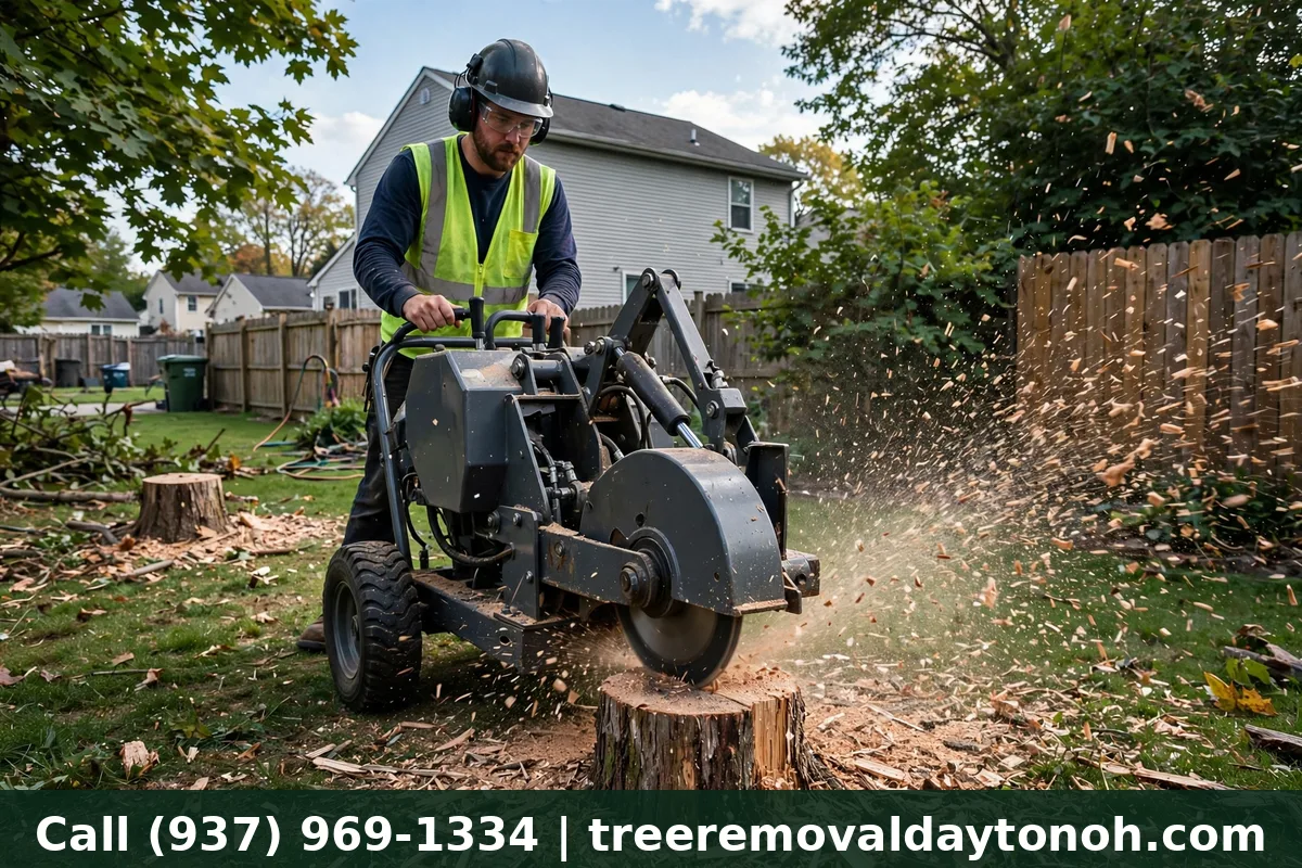 Stump grinding service in a residential backyard in Beavercreek Ohio