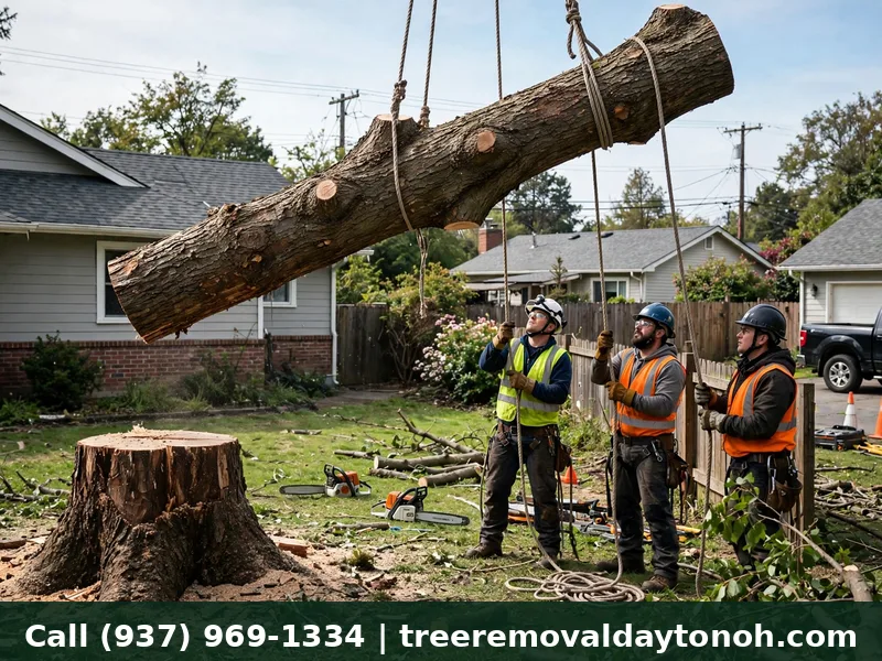 Tree removal in progress with ropes lowering a cut section in Dayton Ohio
