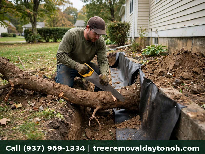 Root pruning near a home foundation in Dayton Ohio