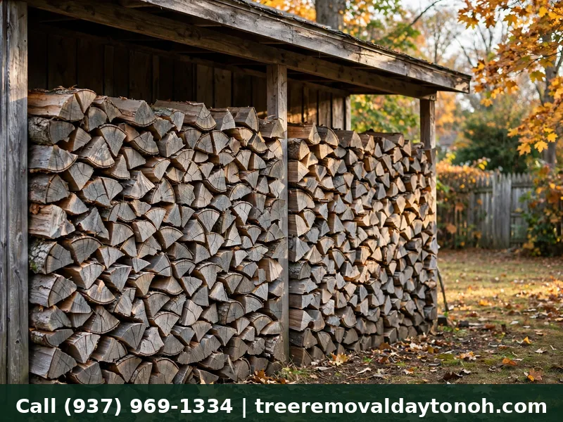 Seasoned firewood stacked for winter in Dayton Ohio