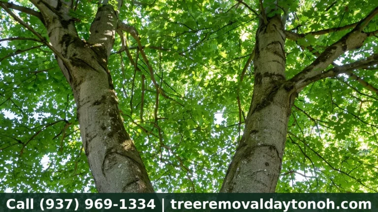 Mature silver maple tree with co-dominant twin trunks and included bark in a Dayton Ohio backyard