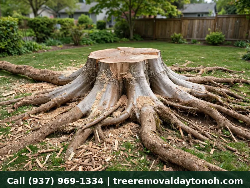 Large silver maple stump with wide flared root base and surface roots in a Dayton Ohio lawn