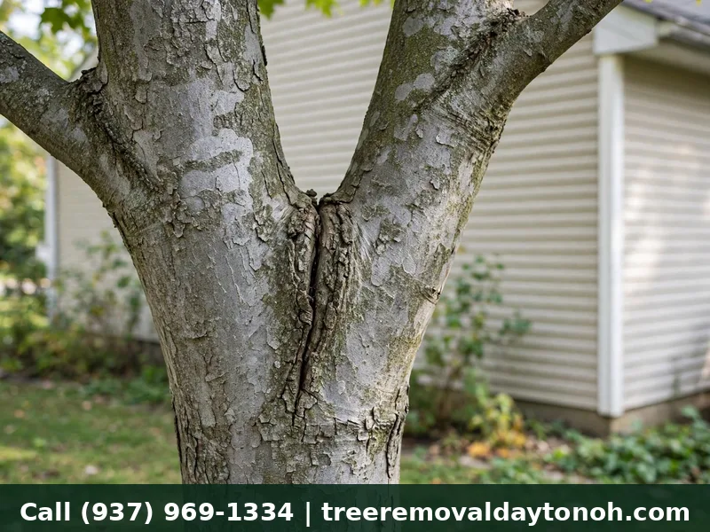 Weak V-shaped crotch with included bark on a silver maple in Huber Heights Ohio