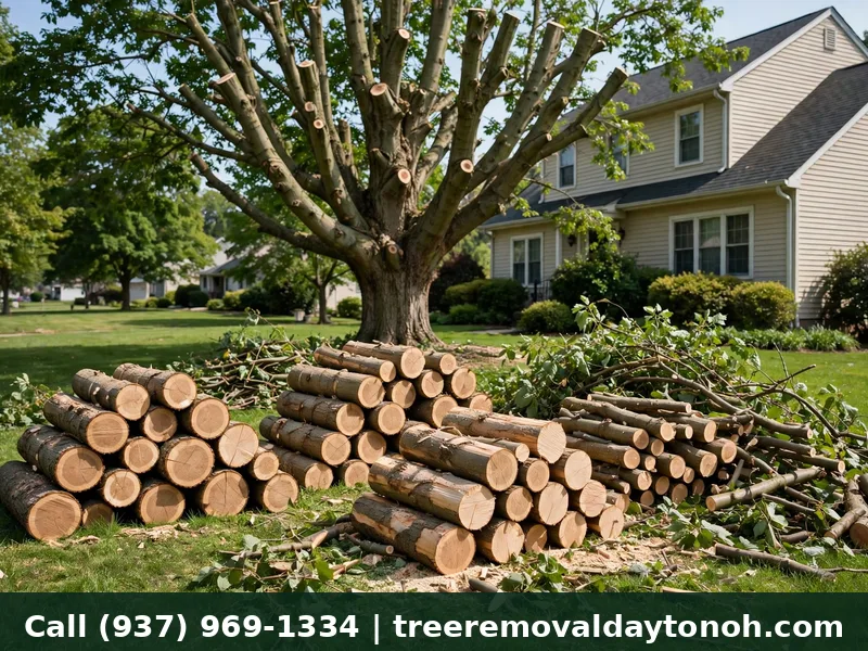 Freshly cut branches and logs neatly stacked on a lawn after professional tree trimming in Dayton Ohio