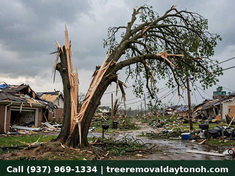 Storm damaged tree with split trunk in Trotwood Ohio showing delayed tornado damage
